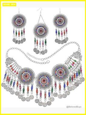 Traditional Indian Jewelry Set Maang Tikka Bohemian Headpiece Necklace Earring